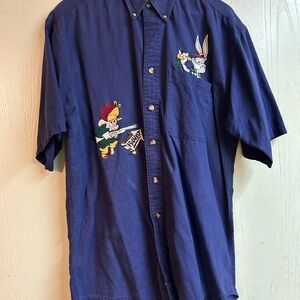 ACME Looney Tunes Button Down Shirt with Bugs Bunny and Elmer Fudd Embroidery